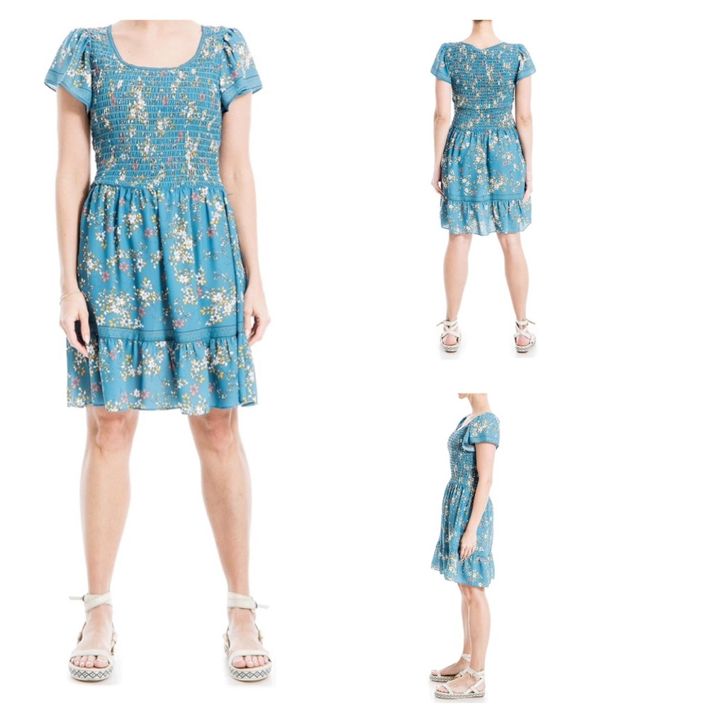 NWT-Max Studio Women's Crepe Flutter Sleeve Smocked Dress